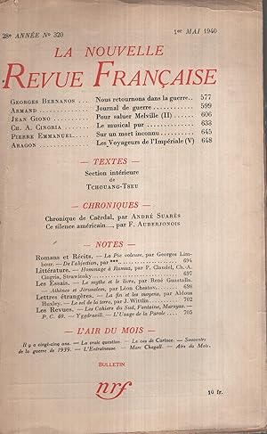 Bild des Verkufers fr La Nouvelle Revue Franaise Mai 1940 N 320 zum Verkauf von PRISCA