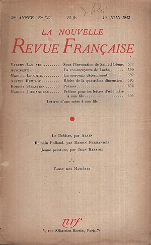 Image du vendeur pour La Nouvelle Revue Franaise Juin 1942 N 340 mis en vente par PRISCA
