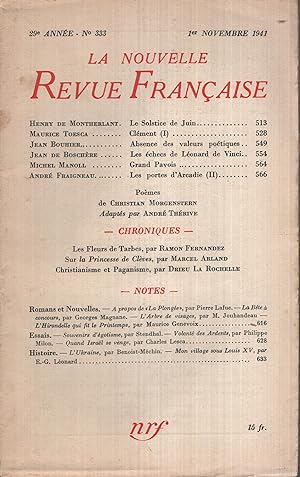 Imagen del vendedor de La Nouvelle Revue Franaise Novembre 1941 N 333 a la venta por PRISCA