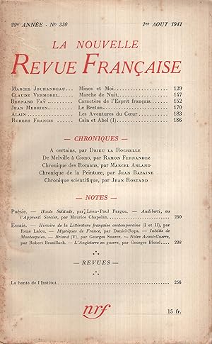 Image du vendeur pour La Nouvelle Revue Franaise Aot 1941 N 330 mis en vente par PRISCA