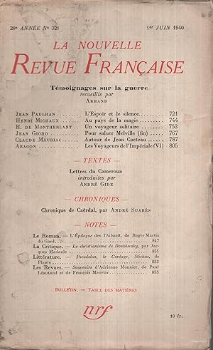 Image du vendeur pour La Nouvelle Revue Franaise Juin 1940 N 321 mis en vente par PRISCA