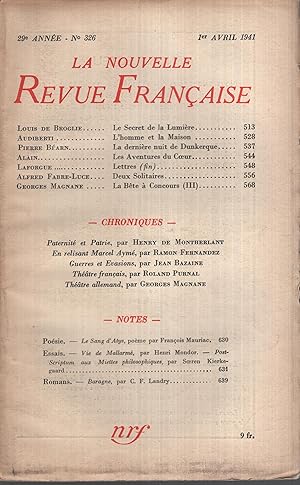 Imagen del vendedor de La Nouvelle Revue Franaise Avril 1941 N 326 a la venta por PRISCA