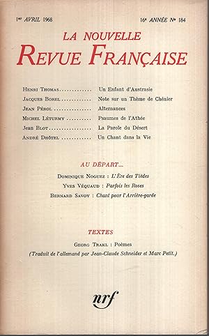 Seller image for La Nouvelle Revue Franaise Avril 1968 N 184 for sale by PRISCA