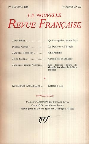 Bild des Verkufers fr La Nouvelle Revue Franaise Octobre 1969 N 202 zum Verkauf von PRISCA