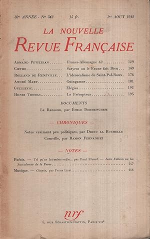 Seller image for La Nouvelle Revue Franaise Aot 1942 N 342 for sale by PRISCA