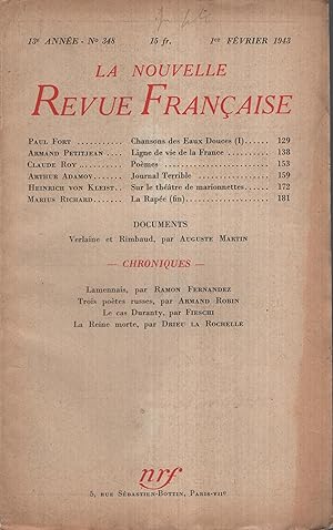 Image du vendeur pour La Nouvelle Revue Franaise Fvrier 1943 N 348 mis en vente par PRISCA