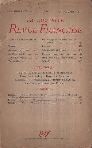 Image du vendeur pour La Nouvelle Revue Franaise Octobre 1942 N 344 mis en vente par PRISCA