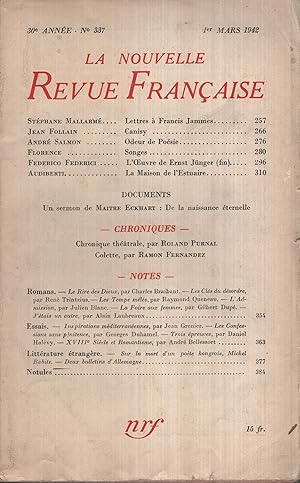 Immagine del venditore per La Nouvelle Revue Franaise Mars 1942 N 337 venduto da PRISCA