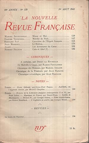 Image du vendeur pour La Nouvelle Revue Franaise Aot 1941 N 330 mis en vente par PRISCA