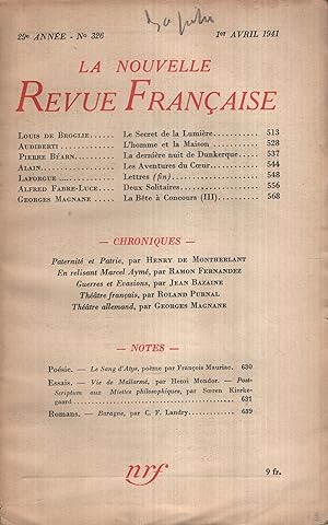 Bild des Verkufers fr La Nouvelle Revue Franaise Avril 1941 N 326 zum Verkauf von PRISCA