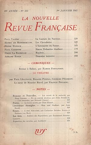 Bild des Verkufers fr La Nouvelle Revue Franaise Janvier 1941 N 323 zum Verkauf von PRISCA