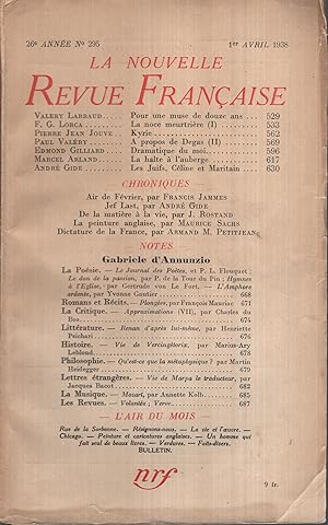 Bild des Verkufers fr La Nouvelle Revue Franaise Avril 1938 N 295 zum Verkauf von PRISCA