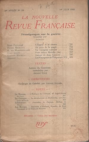 Immagine del venditore per La Nouvelle Revue Franaise Juin 1940 N 321 venduto da PRISCA