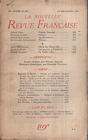 Image du vendeur pour La Nouvelle Revue Franaise Dcembre 1938 N 303 mis en vente par PRISCA