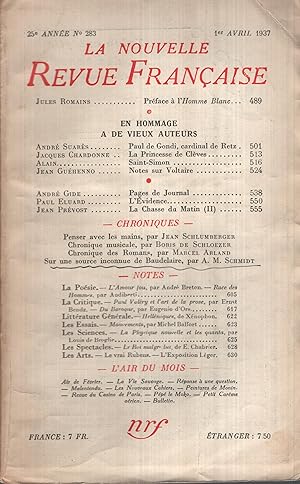 Seller image for La Nouvelle Revue Franaise Avril 1937 N 283 for sale by PRISCA