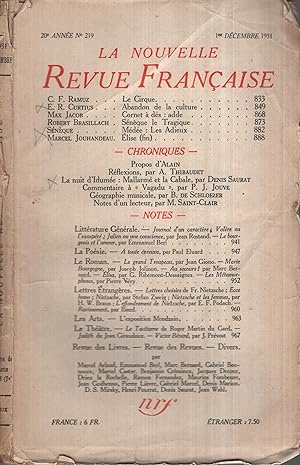 Bild des Verkufers fr La Nouvelle Revue Franaise Dcembre 1931 N 219 zum Verkauf von PRISCA
