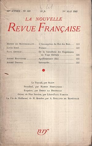 Bild des Verkufers fr La Nouvelle Revue Franaise Mai 1942 N 339 zum Verkauf von PRISCA