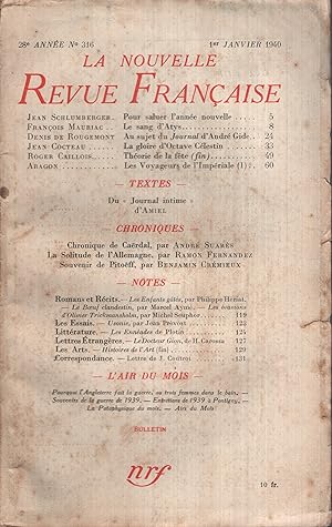 Seller image for La Nouvelle Revue Franaise Janvier 1940 N 316 for sale by PRISCA