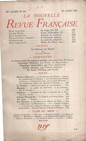 Bild des Verkufers fr La Nouvelle Revue Franaise Mars 1939 N 306 zum Verkauf von PRISCA