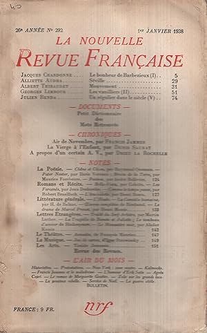 Immagine del venditore per La Nouvelle Revue Franaise Janvier 1938 N 292 venduto da PRISCA