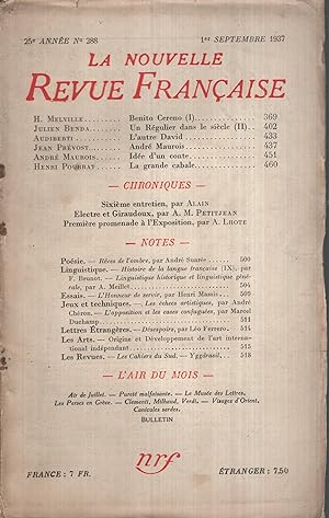 Bild des Verkufers fr La Nouvelle Revue Franaise Septembre 1937 N 288 zum Verkauf von PRISCA