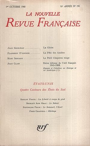 Bild des Verkufers fr La Nouvelle Revue Franaise Octobre 1968 N 190 zum Verkauf von PRISCA