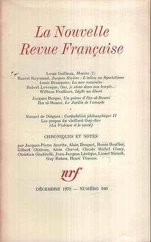 Bild des Verkufers fr La Nouvelle Revue Franaise Dcembre 1972 N 240 zum Verkauf von PRISCA