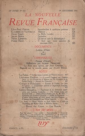 Immagine del venditore per La Nouvelle Revue Franaise Septembre 1935 N 264 venduto da PRISCA