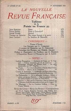 Bild des Verkufers fr La Nouvelle Revue Franaise Novembre 1933 N 242 zum Verkauf von PRISCA