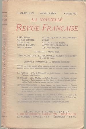 Immagine del venditore per La Nouvelle Revue Franaise - 9e anne, N 102 - Nouvelle Srie - 1er Mars 1922. venduto da PRISCA