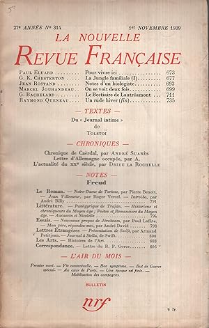 Bild des Verkufers fr La Nouvelle Revue Franaise Novembre 1939 N 314 zum Verkauf von PRISCA