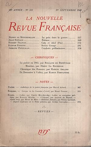 Immagine del venditore per La Nouvelle Revue Franaise Septembre 1941 N 331 venduto da PRISCA