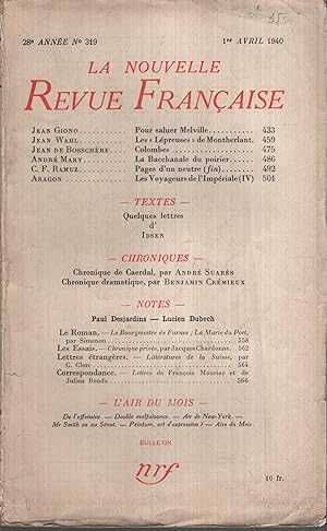 Bild des Verkufers fr La Nouvelle Revue Franaise Avril 1940 N 319 zum Verkauf von PRISCA