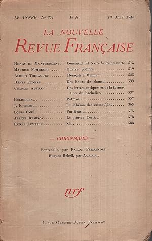 Imagen del vendedor de La Nouvelle Revue Franaise Mai 1943 N 351 a la venta por PRISCA