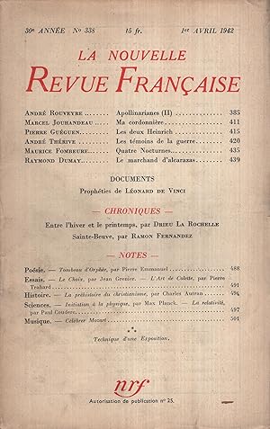Immagine del venditore per La Nouvelle Revue Franaise Avril 1942 N 338 venduto da PRISCA
