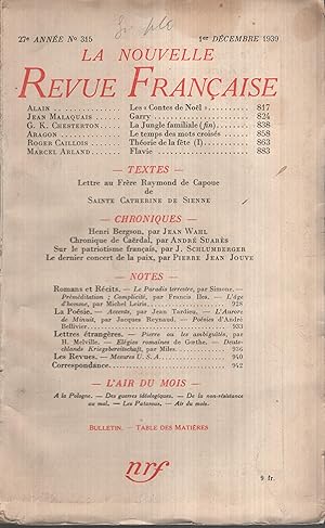 Imagen del vendedor de La Nouvelle Revue Franaise Dcembre 1939 N 315 a la venta por PRISCA