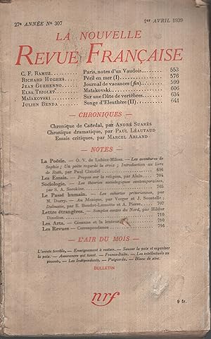 Seller image for La Nouvelle Revue Franaise Avril 1939 N 307 for sale by PRISCA