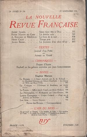 Imagen del vendedor de La Nouvelle Revue Franaise Novembre 1936 N 278 a la venta por PRISCA