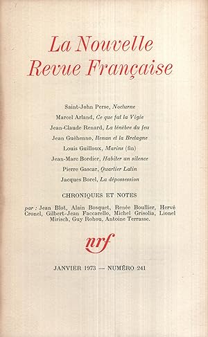Seller image for La Nouvelle Revue Franaise Janvier 1973 N 241 for sale by PRISCA
