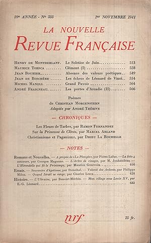 Bild des Verkufers fr La Nouvelle Revue Franaise Novembre 1941 N 333 zum Verkauf von PRISCA