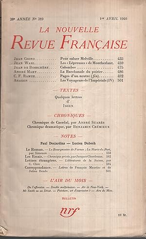 Seller image for La Nouvelle Revue Franaise Avril 1940 N 319 for sale by PRISCA