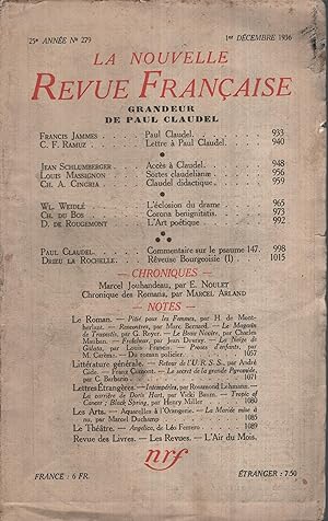 Immagine del venditore per La Nouvelle Revue Franaise Dcembre 1936 N 279 venduto da PRISCA
