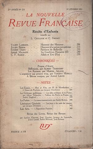 Seller image for La Nouvelle Revue Franaise Fvrier 1933 N 233 for sale by PRISCA