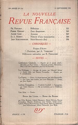 Imagen del vendedor de La Nouvelle Revue Franaise Septembre 1931 N 216 a la venta por PRISCA