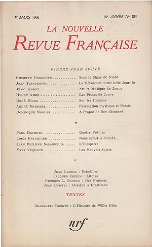 Immagine del venditore per La Nouvelle Revue Franaise Mars 1968 N 183 venduto da PRISCA
