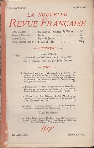Image du vendeur pour La Nouvelle Revue Franaise (21e anne - n229, 1er octobre 1932) Discours en l'honneur de Goethe - Nuits - Pages de journal - Sybilla (I et II). mis en vente par PRISCA