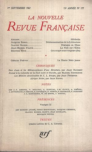 Seller image for La Nouvelle Revue Franaise Septembre 1967 N 177 for sale by PRISCA