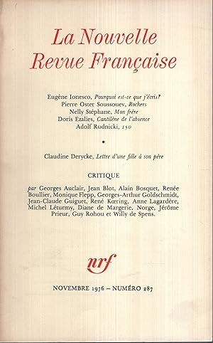 Image du vendeur pour La Nouvelle Revue Franaise Novembre 1976 N 287 mis en vente par PRISCA