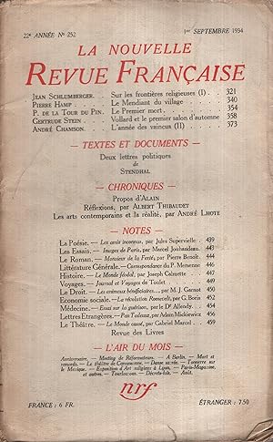 Imagen del vendedor de La Nouvelle Revue Franaise Septembre 1934 N 252 a la venta por PRISCA