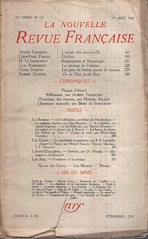 Immagine del venditore per La Nouvelle Revue Franaise Aot 1934 N 251 venduto da PRISCA